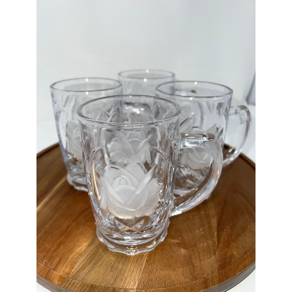 Vintage‎ Frosted Rose Embossed Clear Glass Mugs Cut Crystal Pattern 4.75in